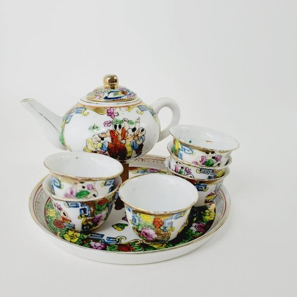 Small Hand Painted Chinese Tea Ceremony Set Gold Trim Male Figures Bright Flower - Picture 2 of 13